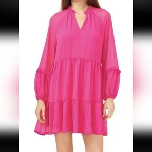 Vince Camuto Fuchsia Chiffon Layered Mini-Dress Pullover Long Sleeve Size Large
